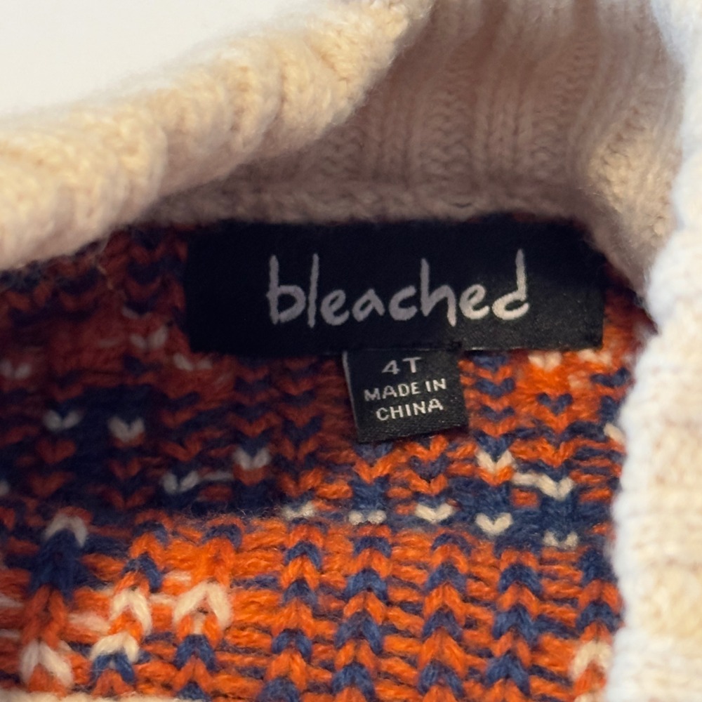 Bleached Kid 4T Bear Fair Isle Cable Knit Sweater Cream Rust Navy Blue Button Up - Picture 5 of 8